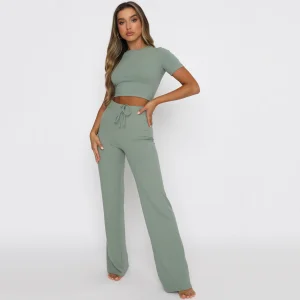 Women's Cotton Ribbed Loungewear Set Breathable Summer T-Shirt and Pants with Vintage Pattern Casual Solid Style