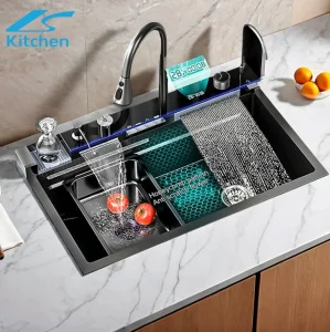 Modern Multifunctional Stainless Steel Kitchen Sink Handmade Nano Black Smart Waterfall Undermount Sink