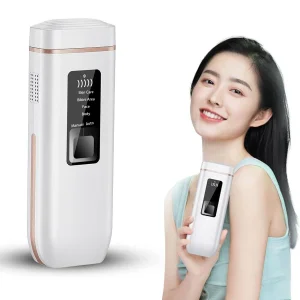 Home-Use 2-in-1 Straight-Plate IPL Hair Removal Device with an Ice-Cooling Function and a Dust Cover.
