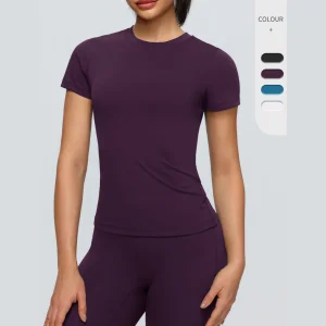 OEM Custom Women Short Sleeve Compression Comfortable Lightweight Breathable Yoga T Shirt Four-Way Stretch Gym Fitness Sports