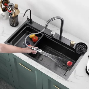 Commercial Modern Stainless Steel Kitchen Sink Single Bowl Black Nano Waterfall Sink