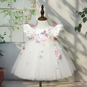 Fluffy Flower Haute Couture Latest Fashion Design Kids Clothes High Quality Princess Birthday Party Girl Dress