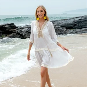 Jinru Factory Women's White Dresses Holiday Lady Beach Wear Cover up Casual Bikini Beachwear Swimwear