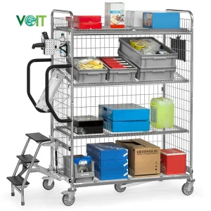 Ecommerce Multi Level Metal Shelf Picking Trolley With Folded Steps
