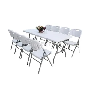 White Camping Portable Folding Table And Chairs Set Folding Foldable Rectangular Wedding Event White Tables Chair Outdoor