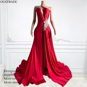 Ocstrade Rhinestone Luxury Evening Dress for Women Ladies Slash Neck Hollow Out Sexy High Slit Trumpet Party Evening Dress