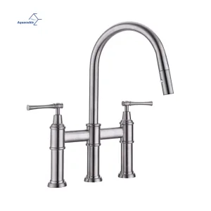 Aquacubic Brushed Nickel Bridge Kitchen Antique Faucet with Pull-Down Sprayhead