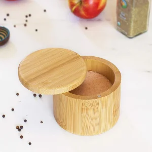 Wooden Round Box Bamboo Salt Cellar Bamboo Storage Box With Magnetic Swivel Lid, Bamboo Salt Box 6 Ounce Capacity