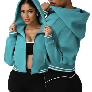 Camisola de manga longa esportiva e casual, jaqueta com capuz e zíper em blocos de cores para outono e inverno, moletom grosso