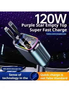 Retractable Type C Car Charger, 120W Cars Adapter USB C Fast Charger for iPhone 17 16 15 14 13 12, Samsung