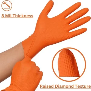 Grip Heavy Duty Industrial Orange Nitrile Gloves with Raised Diamond Texture, 8-Mil