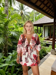 Tropical Leaf Print Deep V-Neck Tie Waist Mini Dress