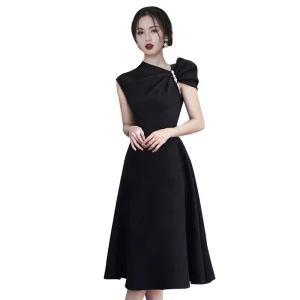 Formal Elegant Irregular Collar Sleeveless Beaded A-line Dress