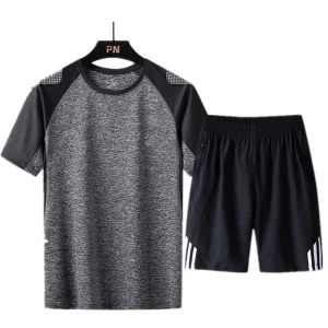 Conjunto Esportivo Casual Masculino de Verão com Camiseta de Manga Curta, Dois Peças, Roupas de Corrida