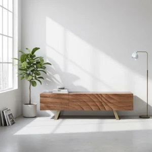 Luxury Marble Top Ash Wood TV Stand with Stainless Steel Accents