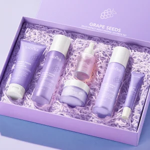 Private Label SADOER Grape Seeds Gentle Facial Skincare Set 6-Pieces Suit Moisturizing Face Moisturizing Gift Box for Women