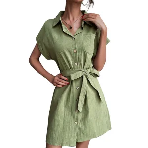 Vestido Casual Feminino de Manga Curta Verão Cor Sólida com Cinto