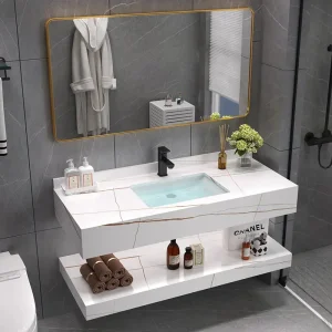 28 Inch Luxury Modern Bathroom Furniture Marble Sintered Stone Countertop Sink Free Standing Bath Vanity Unit with LED Mirror Chinese Factorie Offer Customizati