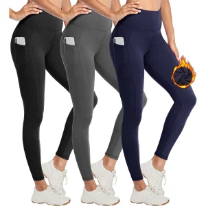 Wholesale Custom Women Elastic Waist Thick Thermal Leggings With Pocket Polyester Warm Winter Fleece Lined Yoga Leggings