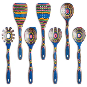 Blue Pakka Wood Utensils Set of 7 Eco-Friendly Kitchen Cookware with Acacia Wood Handle New Design