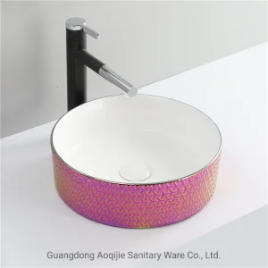 Luxury Airplane Pattern Special Color Lavabo Countertop Round Ceramic Bathroom Vessel Sink White Bowl Hand Wash Art Basin Rose Red Plating Sink
