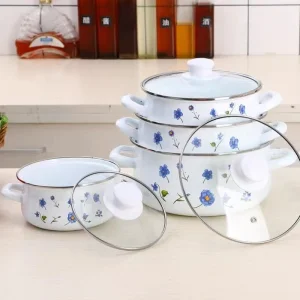 Classic Cast Iron Enamel Cookware Set with Glass Cover Composite Handles Induction Compatible Eco-Friendly for Camping &amp; Parties