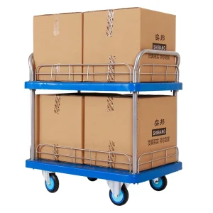 Movable Plastic Warehouse Trolley with Silent Wheel and Guardrail Platform Wheelbarrow for Tools Transportation Workshop Use