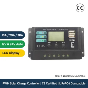 Factory Price PWM Solar Controller 12V 24V Auto 10A 20A 30A with Dual USB Port Intelligent Photovoltaic Charge