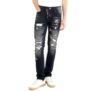 Calças Jeans Pretas Ripped Premium Personalizadas com Zíper Dourado Decorativo Corte Reto