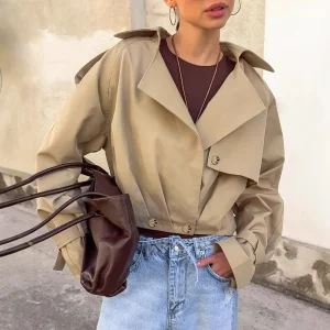Suit Button Collar Double Breasted Casual Cargo Trench Streetwear Coat 2025 Autumn Women's Fashion Solid Short Jacket Cool Silk