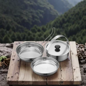Outdoor Lightweight Eco-Friendly Stainless Steel Camping Cookware Set Saute Pans Foldable Handles >5L Capacity Gas Induction