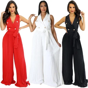 European Fashion Sexy Spring/Summer V-neck Sleeveless Backless Loose Polyester/Cotton Elegant Streetwear Pleated Wide-leg