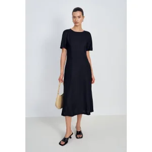 Vestido Casual de Linho Personalizado para Mulheres com Manga Curta e Decote Redondo