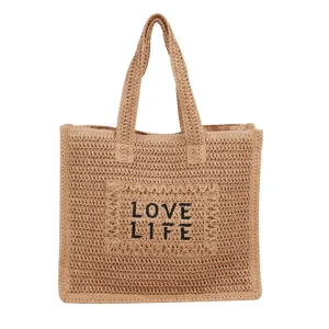 Bolsa de Praia de Papel Ráfia Natural Bordada com Letras Pretas Estilo Casual para Compras de Verão Feminina em Poliéster