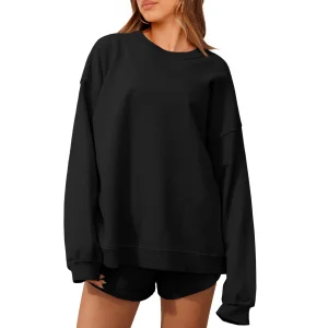 Women's Black Knitted Sweatshirt Set Long Sleeve O-Neck Loose Fit Casual Two Piece Shorts Set All Seasons Wear