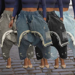 Lady's Clothing Wholesale Personalized Street Style Trendy High Waist Denim Loose Pants