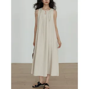 Vestido Maxi Sem Mangas de Algodão Linho Personalizado por Atacado da China para Mulheres Casual Resort