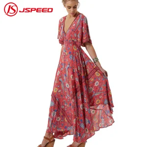 Venta caliente sexy profunda Retro con cuello en V Long Beach, estampados florales vestidos mujer Bohemia
