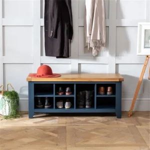 Solid Oak Wooden Blue Painted Hallway Shoe Storage Bench, 2 Tiers Living Room Display Rack Organizer Entryway Bathroom Shoe Bench