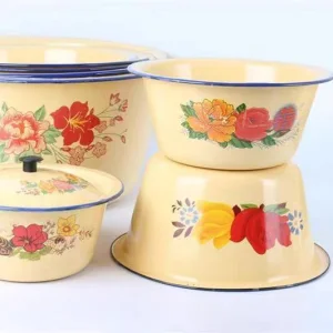 Wholesale 2024 New Kitchenware Enamel Basins with Pattern Porcelain Enamel Enamelware Wash Salad Cake Noodles Soup Bowl