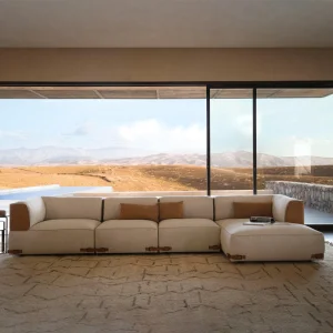 Panoramic Biophilic Low-Profile Chaise Sectional Natural Beige Fabric Taupe Accents Resort-Inspired Villas Sofa