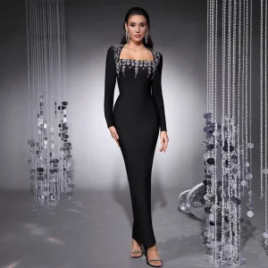 OEM Factory Customized Bandage Black High Quality Chic Glamorous Formal Dresses Women Long Bodycon Evening Dress