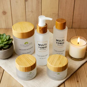 Custom Bamboo Lid Cosmetic Packaging Jars and Bottles 30ml 50ml 100ml Frosted Wooden Glass Jar With Engraved Logo With Paper Box