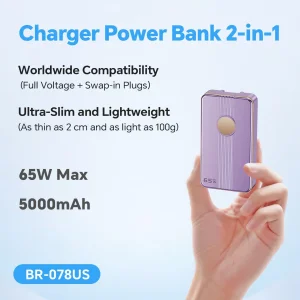 65W GaN Uninterruptible Power Charger Pd Pocket Portable Power Bank 5000mAh with Wall Plug Fast Charging for Phones Laptops Business Travel and Gifts, Purple