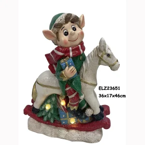 China Resin Art & Craft ELF WITH HOBBYHORSE SLEIGH CHRISTMAS FIGURINE DECORATION