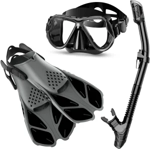 Snorkeling Gear for Adults, Snorkel Set Anti-Fog Anti-Leak, Panoramic View Diving Mask &amp; Dry Top Snorkel, Adjustable Snorkel Fins with Travel Bag for Snorkeling