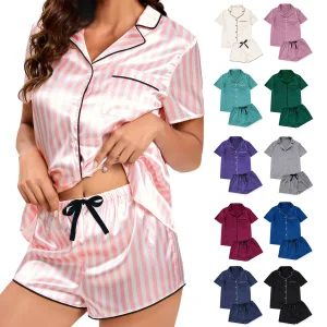 Custom Logo Girls &amp; Women's Striped Silky Satin Pajamas Short Sleeve Top with Shorts Sleepwear PJ Set Drawstring Short
