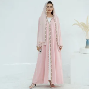 Light Pink 3D Floral Trim Open Abaya Set Chiffon Hijab 2PCS Muslim Eid Long Dress OEM Custom