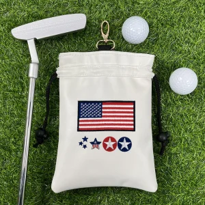 Golf Leather Drawstring Small Ball Bag with American Flag Embroidery