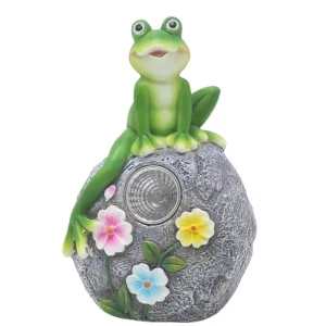 Cheap Resin Frog on Floral Stone with Solar Light